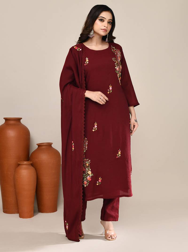 Maroon chanderi embroidered kurta set