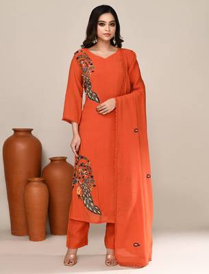 Orange chanderi embroidered kurta set 1