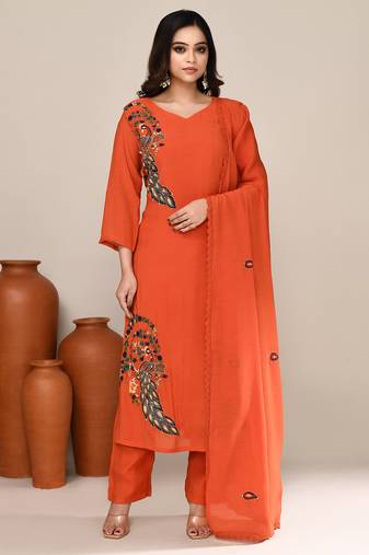 Orange chanderi embroidered kurta set