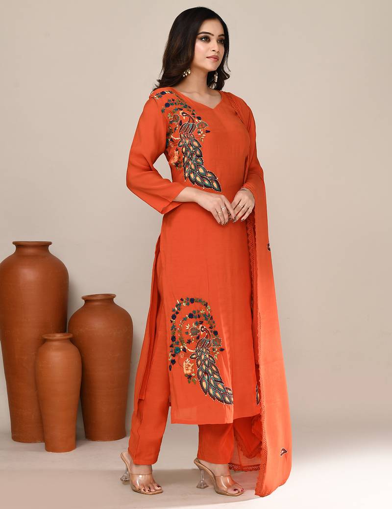 Orange chanderi embroidered kurta set
