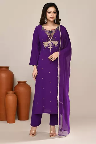 Violet viscose embroidered kurta set