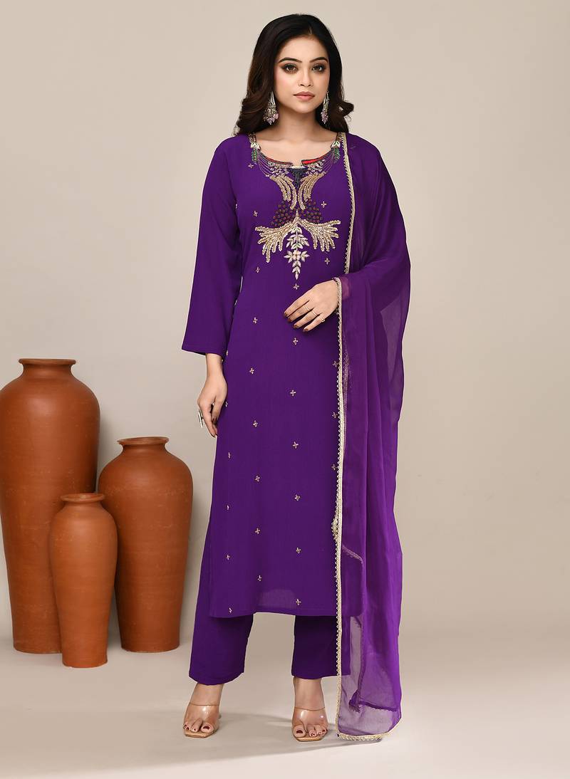 Violet viscose embroidered kurta set