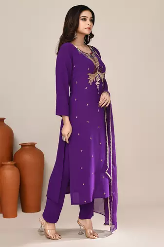 Violet viscose embroidered kurta set