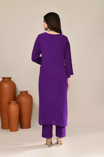Violet viscose embroidered kurta set