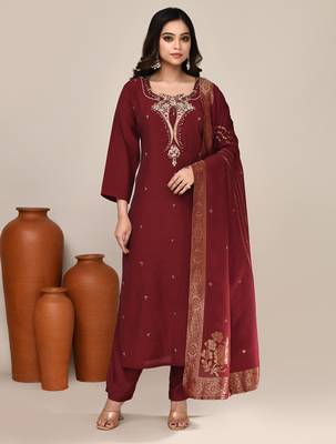 Maroon chanderi festive wear kurta set 1