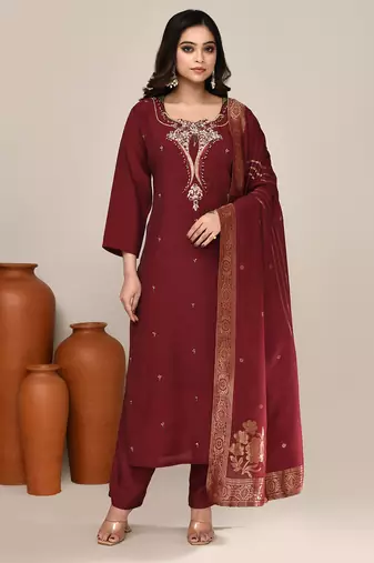 Maroon chanderi festive wear kurta set