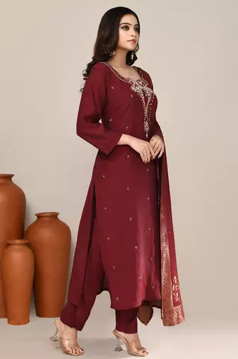 Maroon chanderi festive wear kurta set