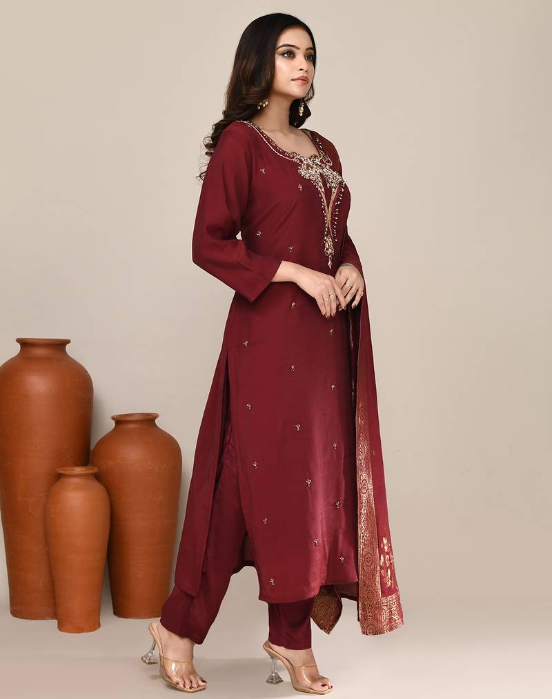 Maroon chanderi festive wear kurta set