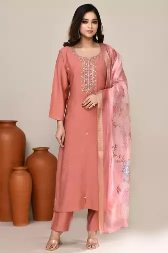 Peach cotton festive wear kurta set