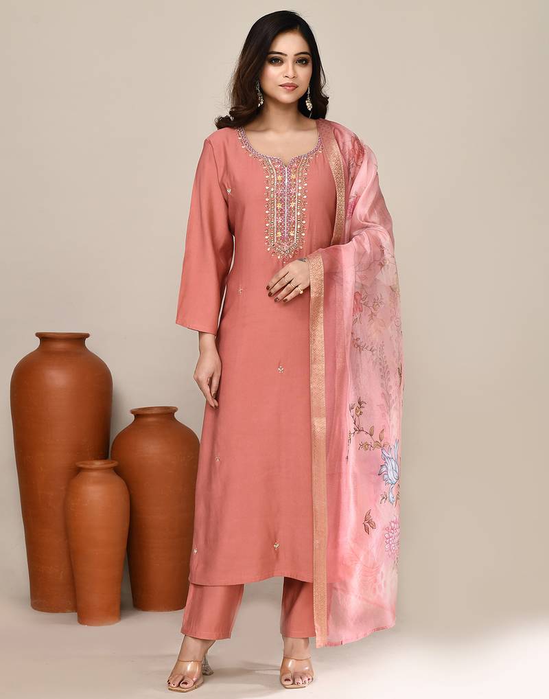 Peach cotton festive wear kurta set
