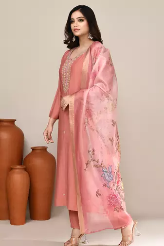 Peach cotton festive wear kurta set