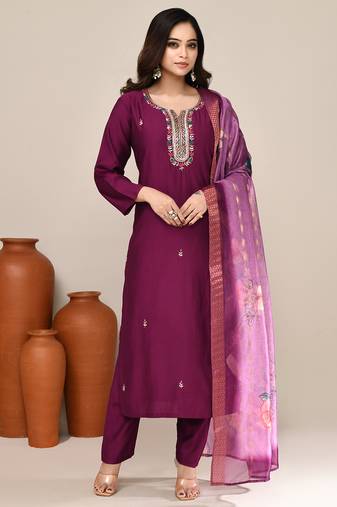 Purple cotton festive wear kurta set