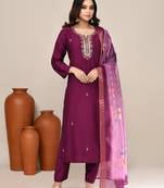 Purple cotton festive wear kurta set