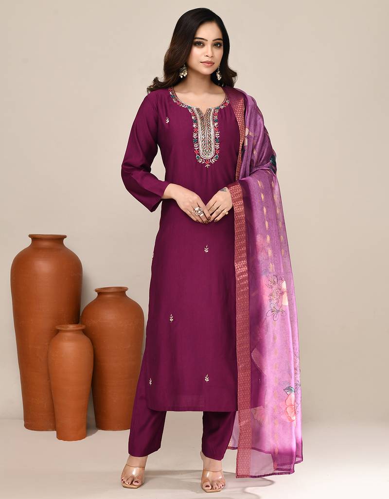 Purple cotton festive wear kurta set