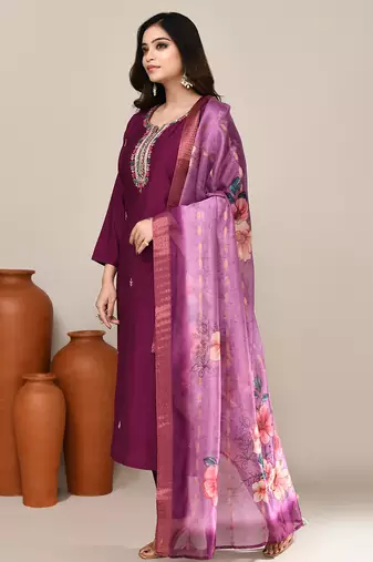 Purple cotton festive wear kurta set