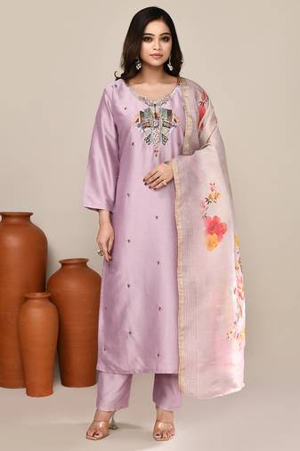 Mauve satin embroidered kurta set