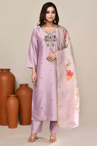 Mauve satin embroidered kurta set