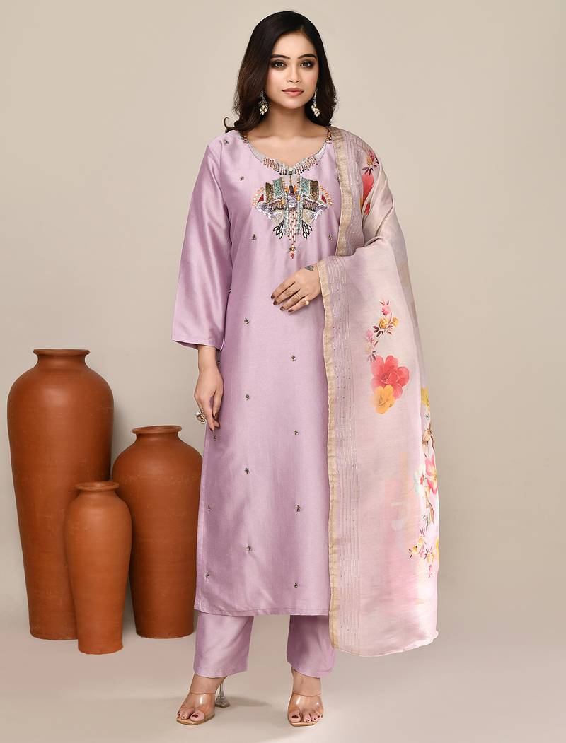 Mauve satin embroidered kurta set