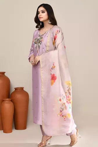 Mauve satin embroidered kurta set