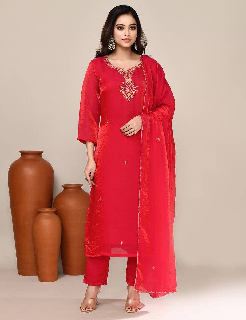 Magenta satin embroidered kurta set