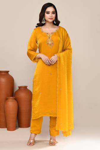 Yellow satin embroidered kurta set