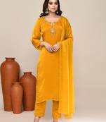 Yellow satin embroidered kurta set