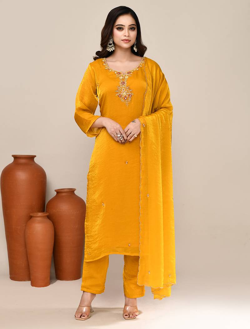 Yellow satin embroidered kurta set