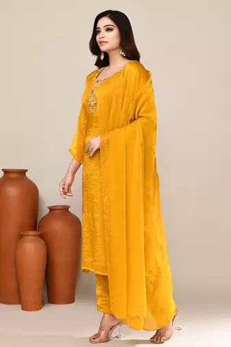 Yellow satin embroidered kurta set