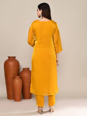 Yellow satin embroidered kurta set 3