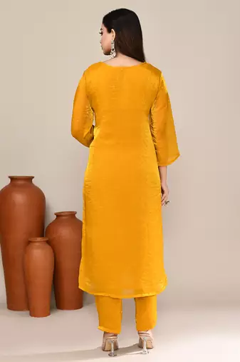 Yellow satin embroidered kurta set