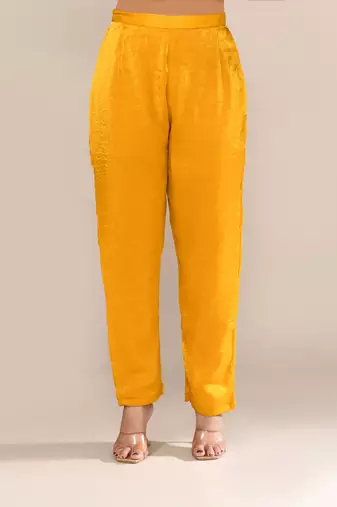 Yellow satin embroidered kurta set