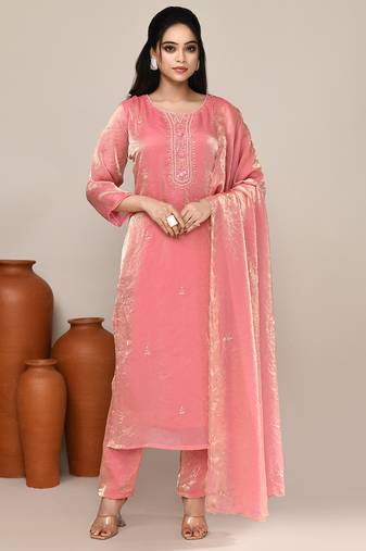 Pink satin embroidered kurta set