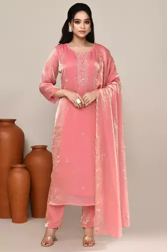 Pink satin embroidered kurta set