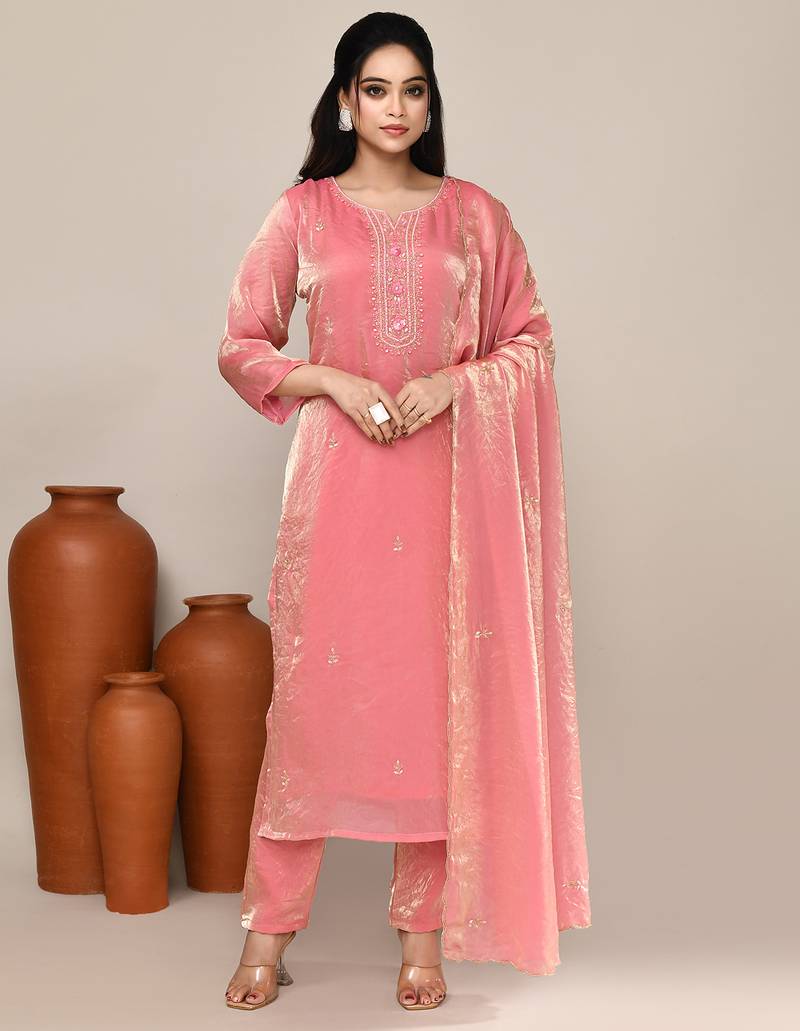 Pink satin embroidered kurta set