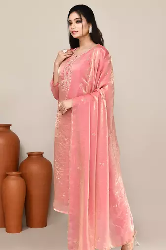 Pink satin embroidered kurta set