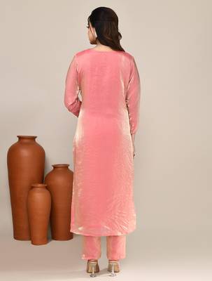 Pink satin embroidered kurta set 3