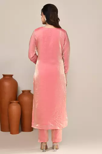 Pink satin embroidered kurta set