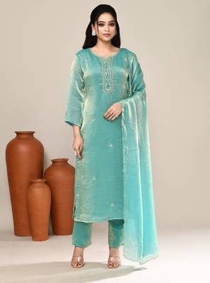 Sea green satin party wear kurta set 1