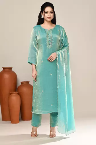 Sea green satin party wear kurta set