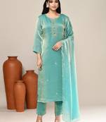 Sea green satin party wear kurta set