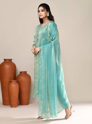 Sea green satin party wear kurta set 2