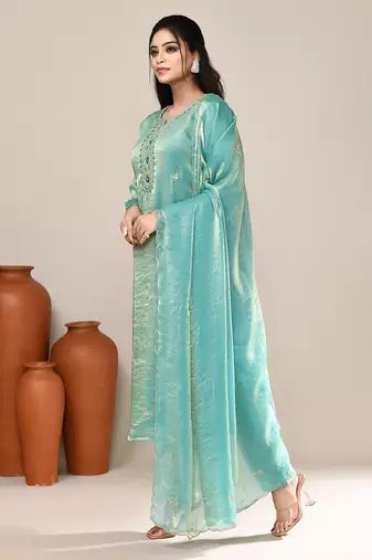 Sea green satin party wear kurta set