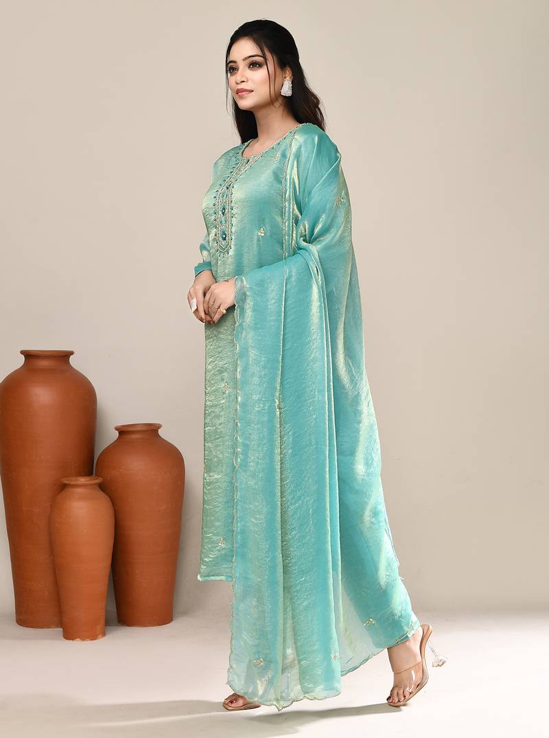 Sea green satin party wear kurta set