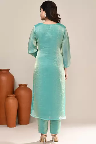 Sea green satin party wear kurta set