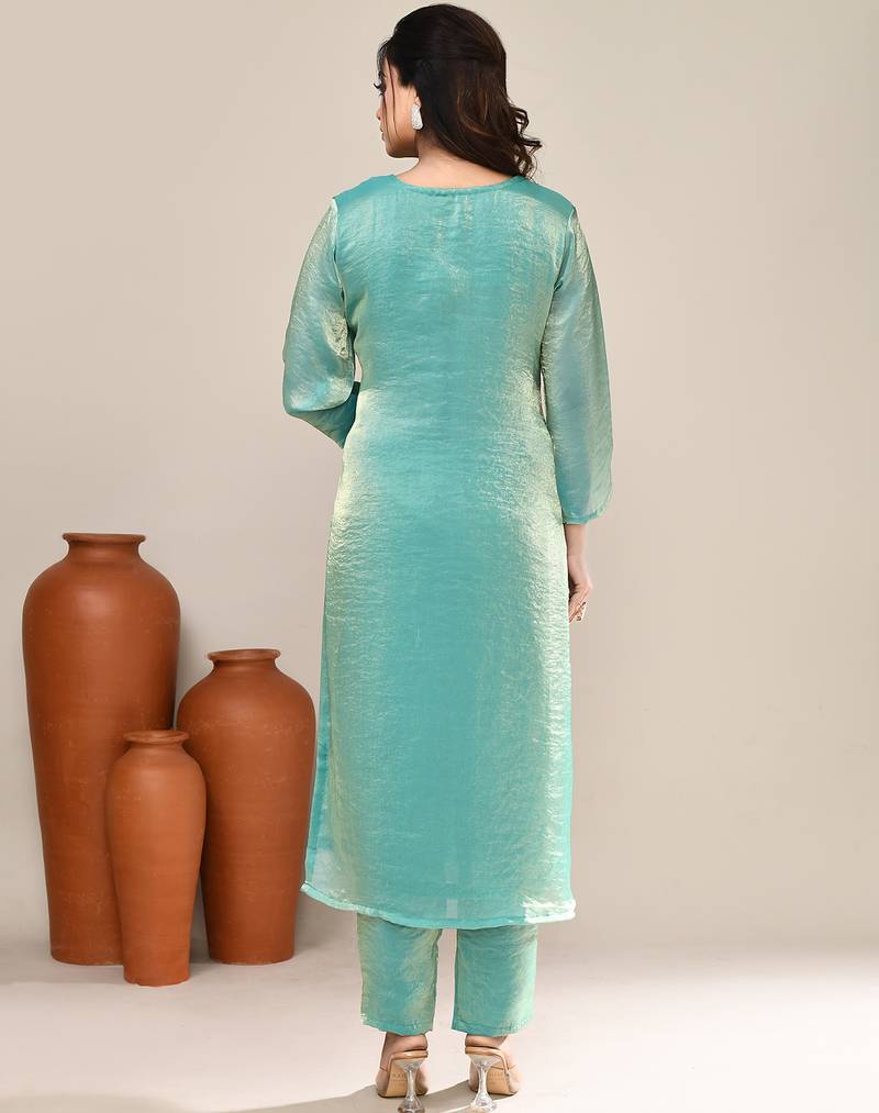 Sea green satin party wear kurta set