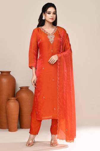 Orange satin embroidered kurta set