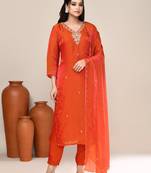 Orange satin embroidered kurta set