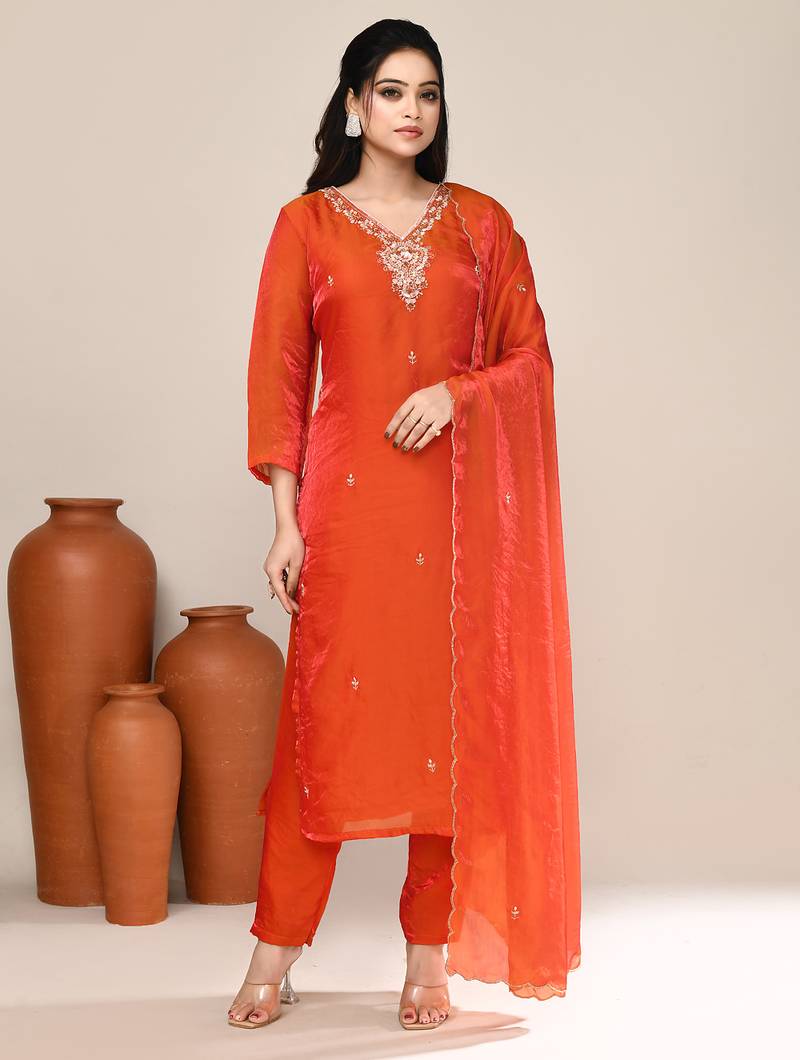 Orange satin embroidered kurta set