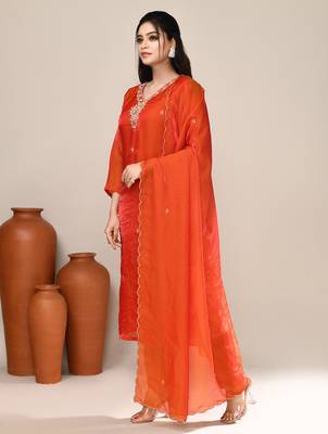 Orange satin embroidered kurta set 2