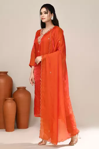 Orange satin embroidered kurta set